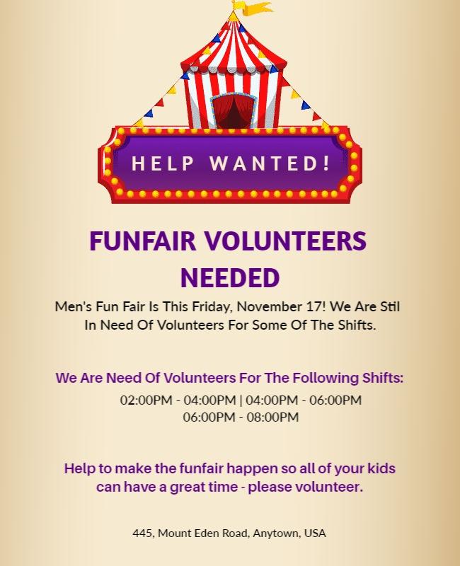Colorful Carnival Themed Funfair Volunteers Needed Poster Template