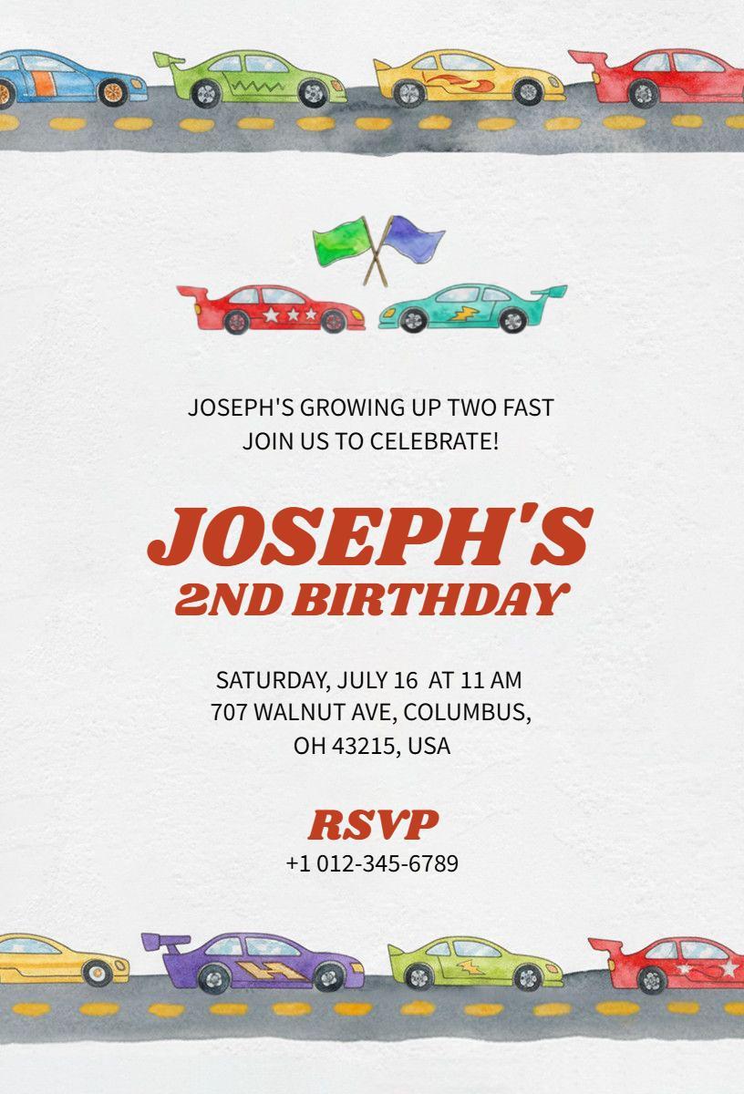 Colorful Cars Themed 2nd Birthday Celebration Invitation Template