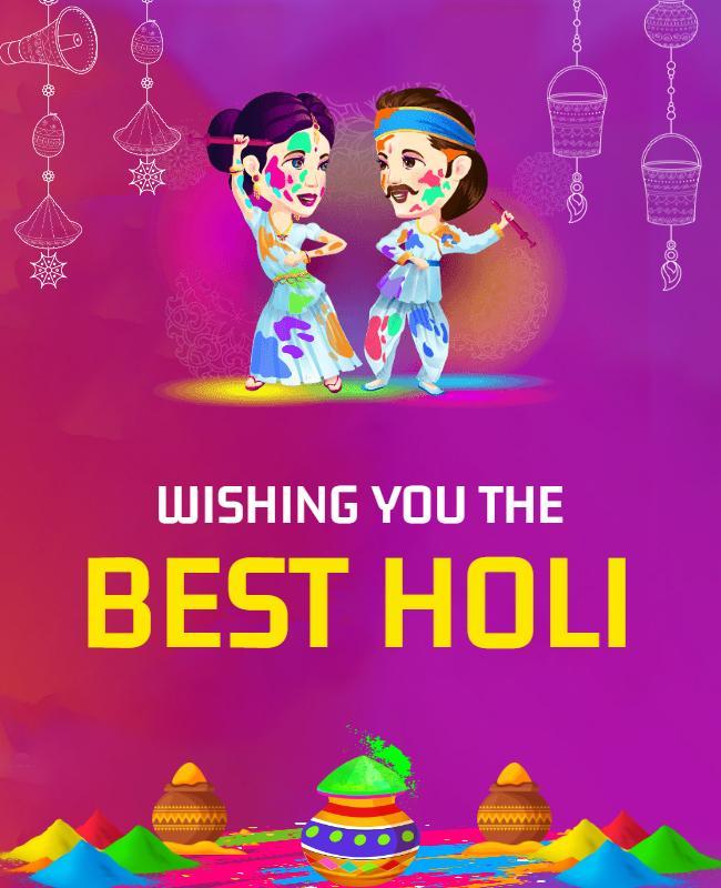 Colorful Cartoon Celebrating Holi Festival Poster Template