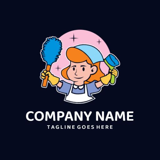 Colorful Cartoon Maid with Cleaning Tools for Services Logo Template