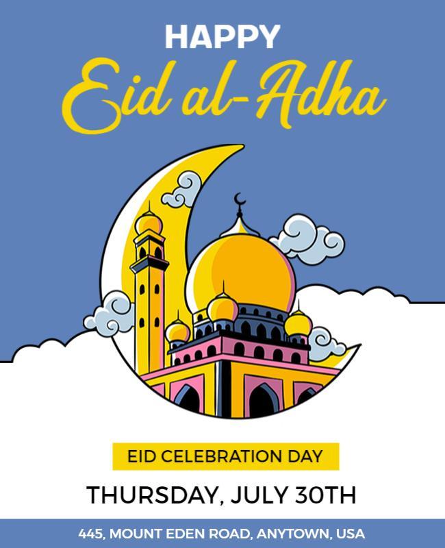 Colorful Cartoon Mosque Theme for Eid al-Adha Celebration Flyer Template