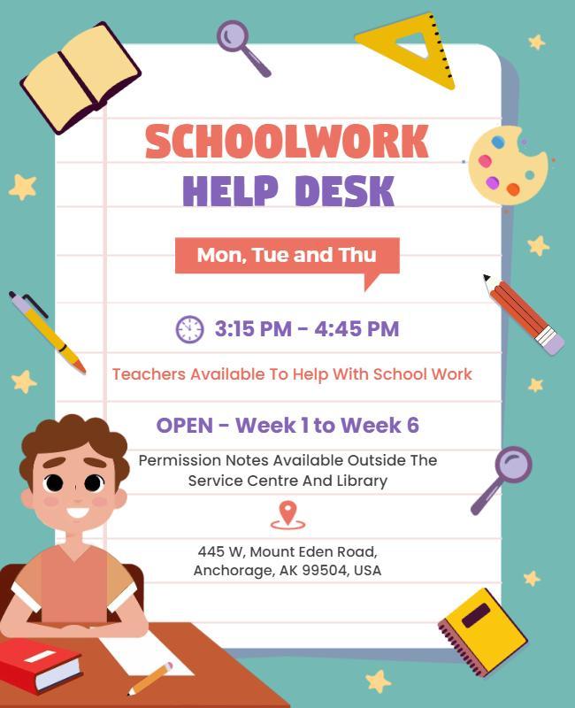 Colorful Cartoon Schoolwork Help Desk Poster Template