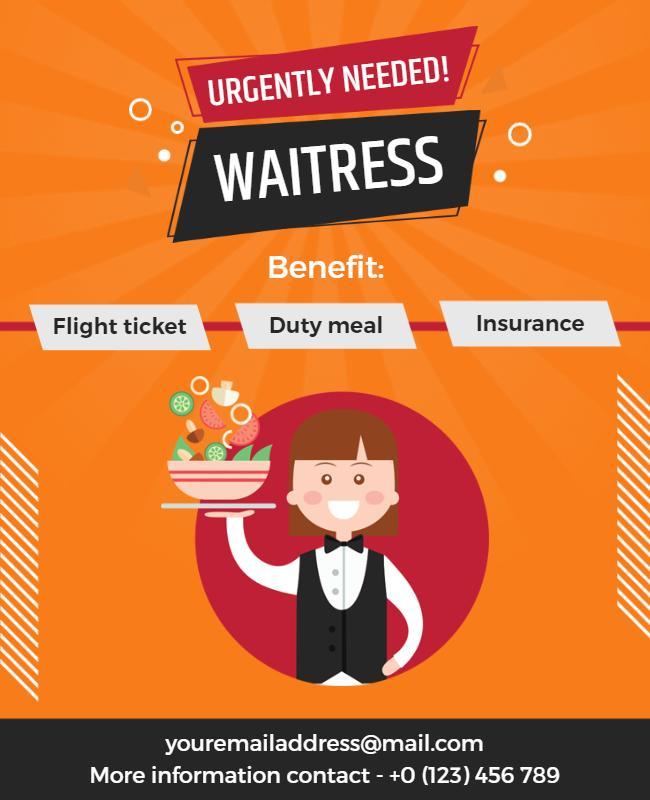 Colorful Cartoon Style Waitress Job Hiring Poster Template