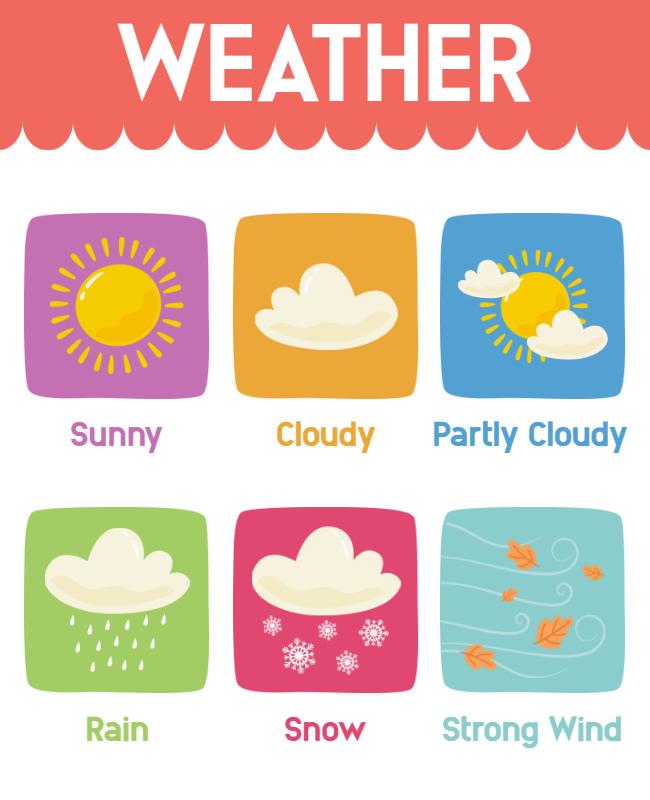 Colorful Cartoon Weather Symbols Educational Flyer Template
