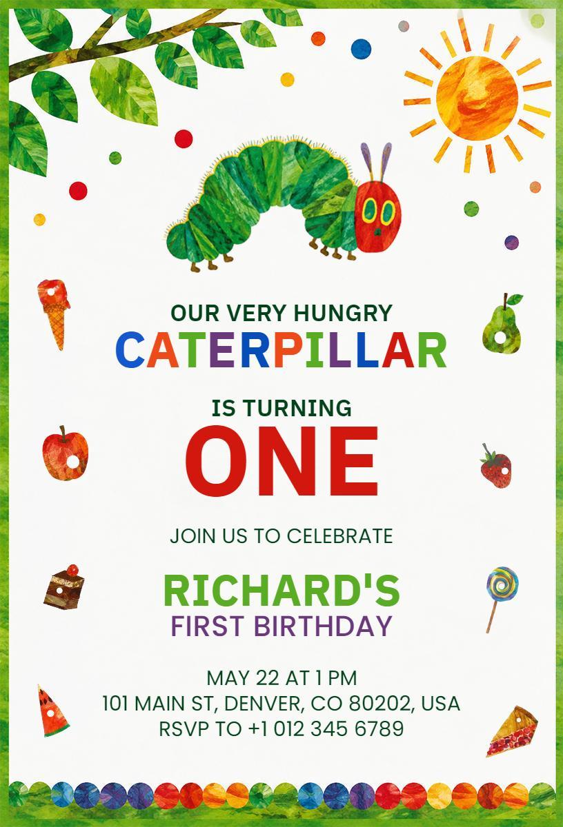 Colorful Caterpillar 1st Birthday Celebration Invitation Template