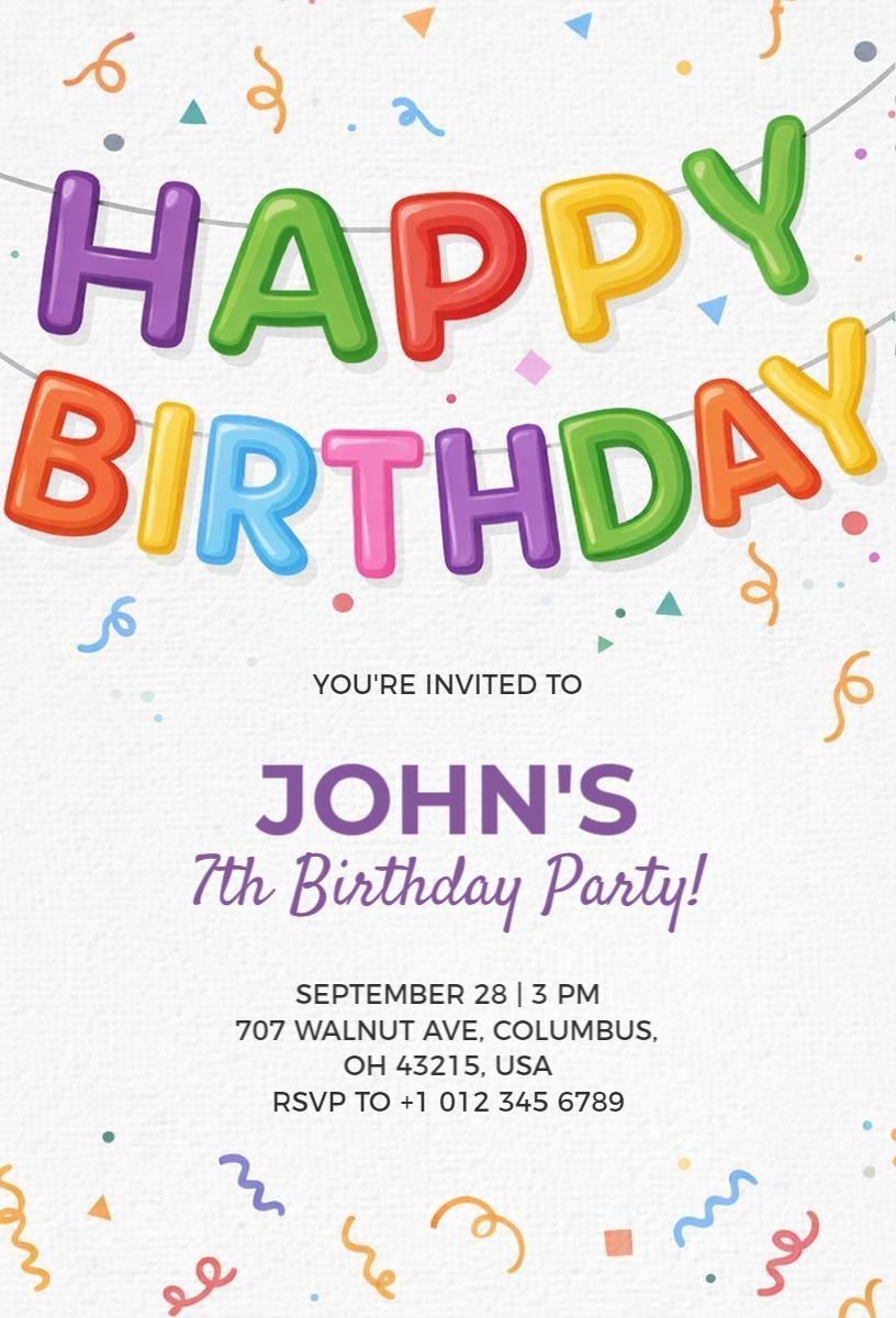 Colorful Celebration Festive 7th Birthday Party Invitation Template