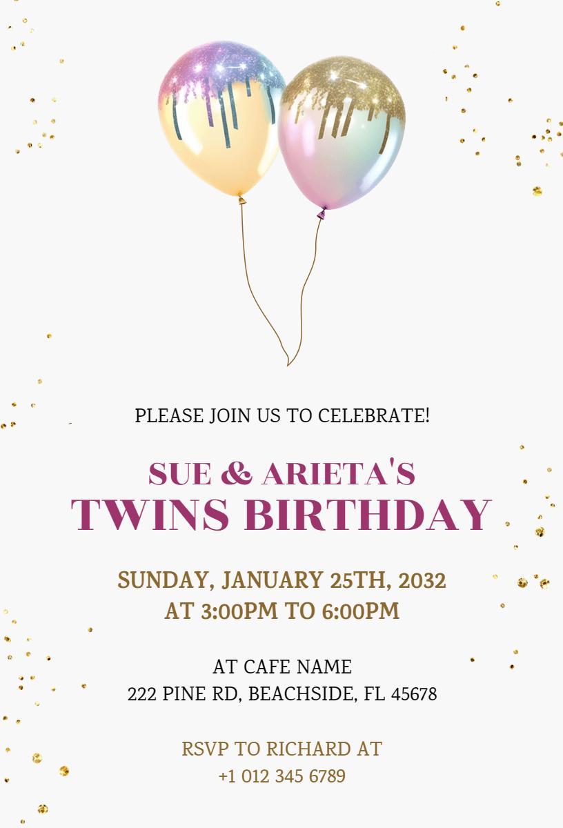 Colorful Celebration for Twins Birthday Bash Invitation Template