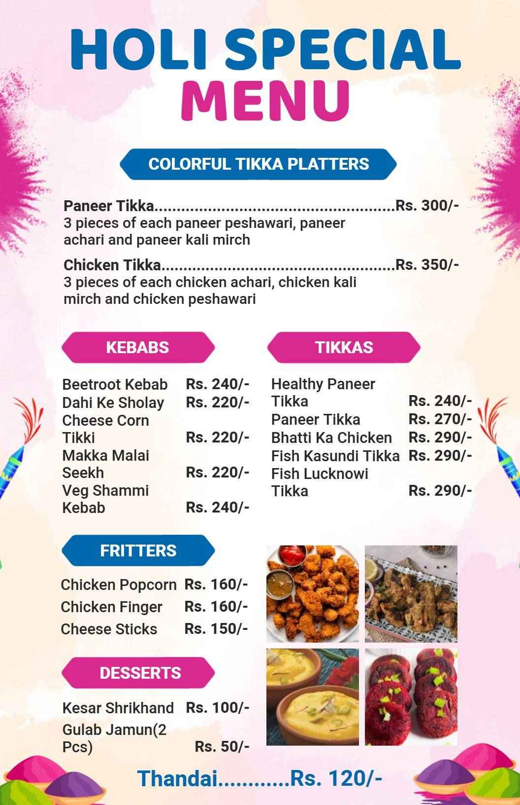 Colorful Celebration Holi Themed Special Dishes Menu Template