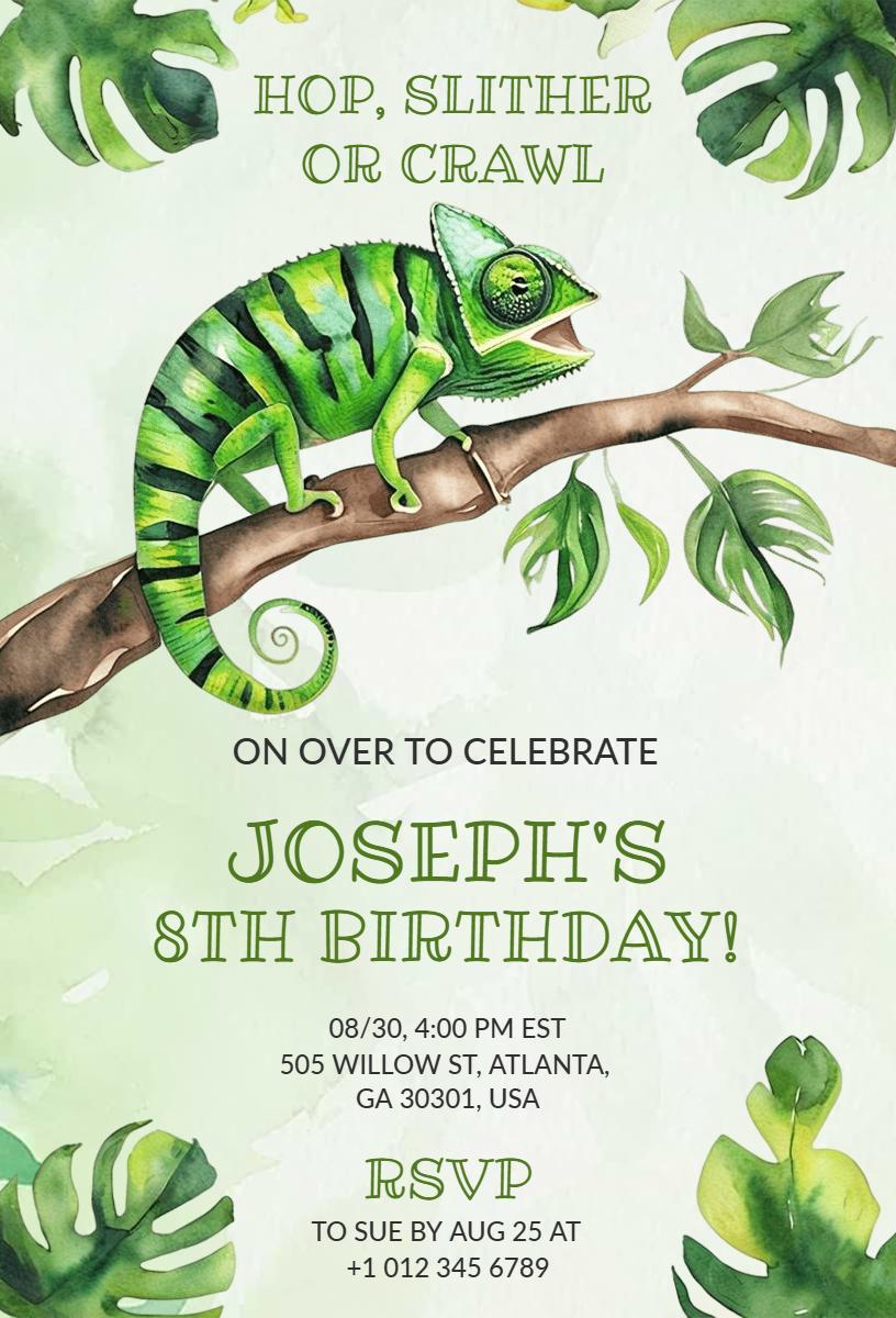 Colorful Chameleon Jungle Themed Birthday Celebration Invitation Template