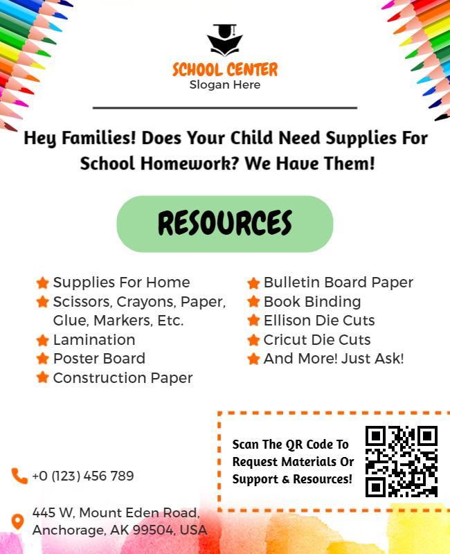 Colorful Circular School Supplies Resource Information Poster Template