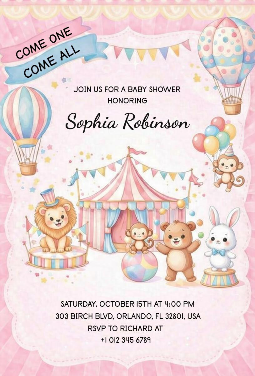 Colorful Circus Theme Baby Shower Celebration Invitation Template
