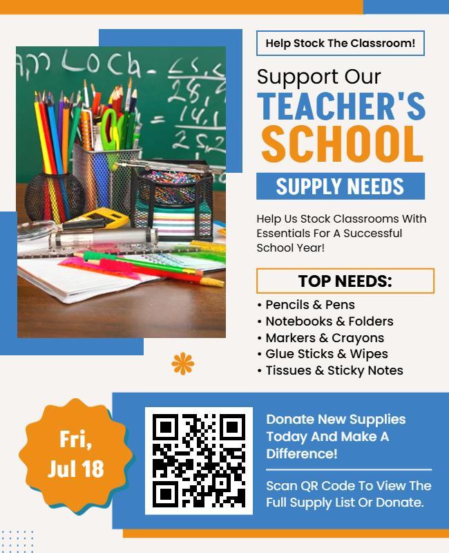 Colorful Classroom Supplies Support Drive Fundraiser Flyer Template
