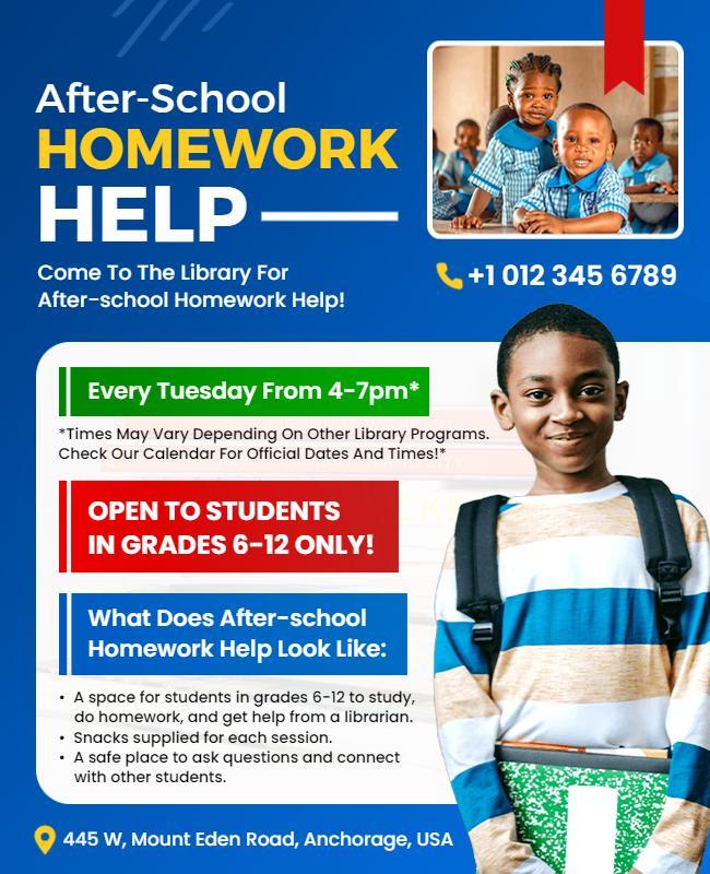 Colorful Community After-School Homework Help Poster Template