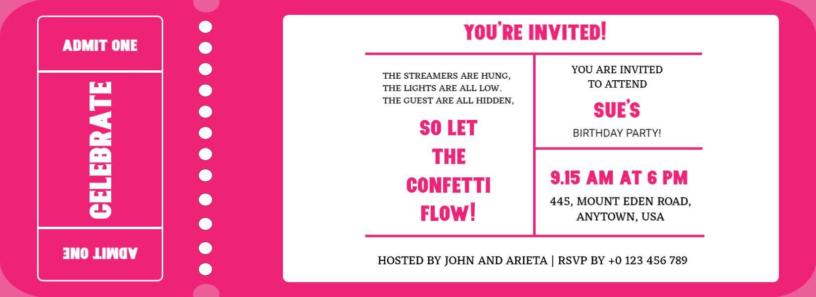 Colorful Confetti Birthday Celebration Ticket Invitation Template