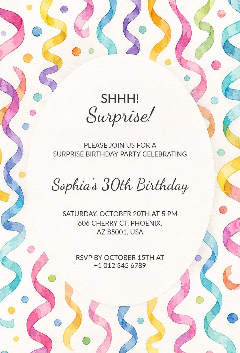 Colorful Confetti Surprise Birthday Party Invitation Template