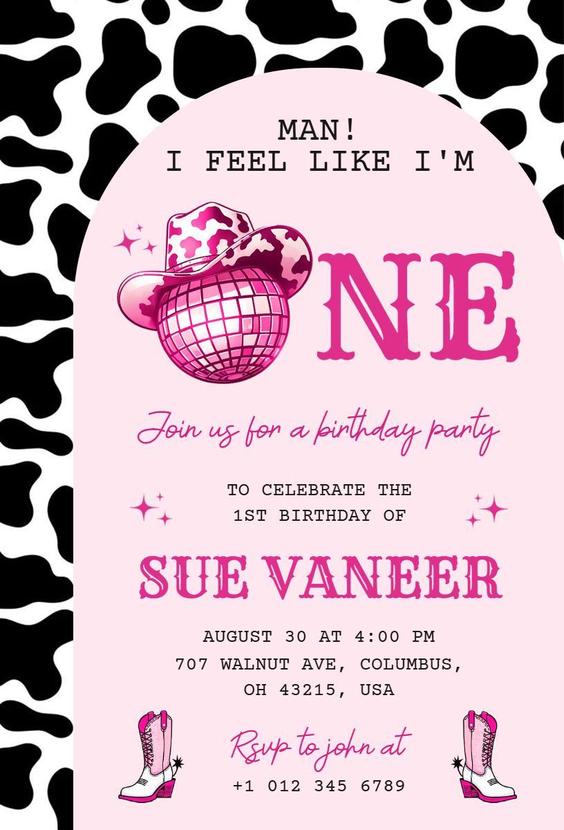 Colorful Cowgirl Themed First Birthday Celebration Invitation Template
