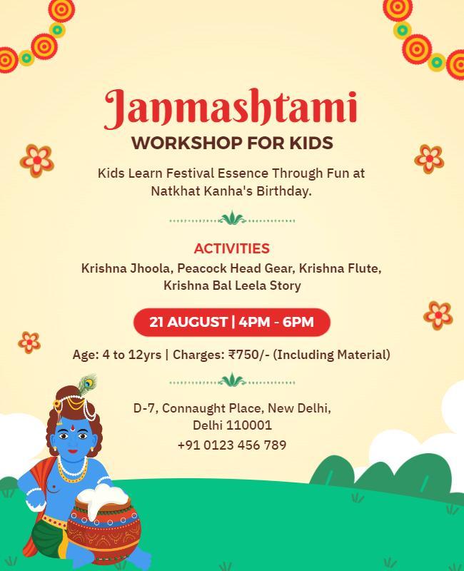 Colorful Cultural Janmashtami Kids Workshop Poster Template