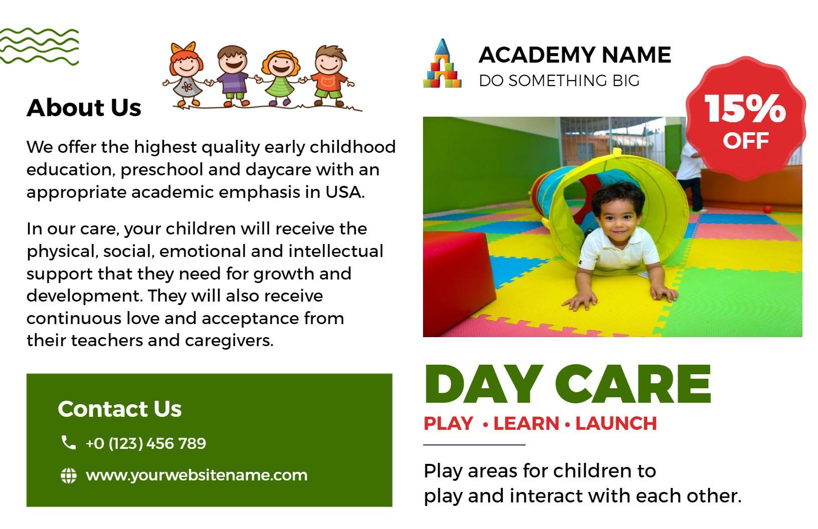 Colorful Daycare Play Areas and Learning Curriculum Brochure Template