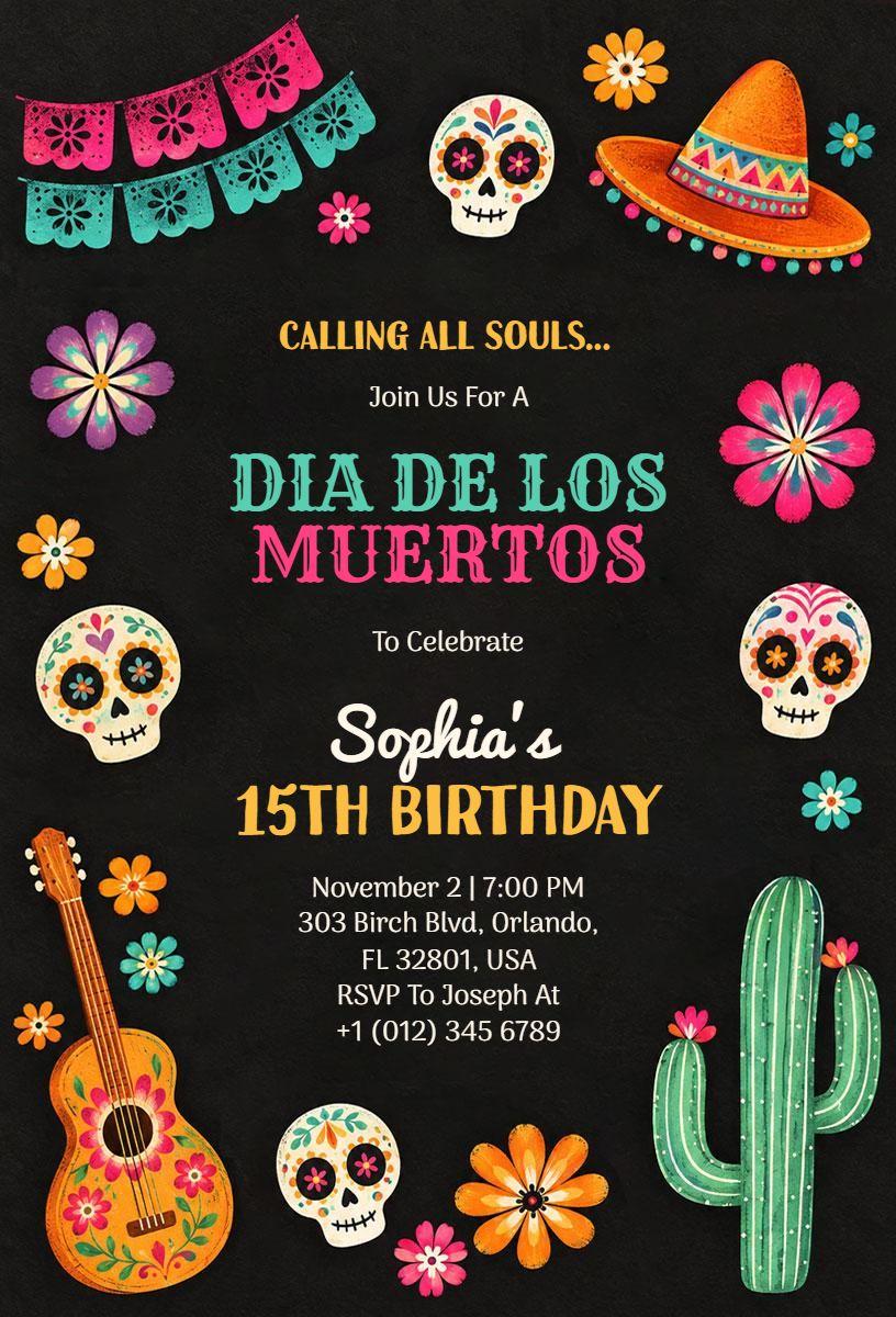 Colorful Dia De Los Muertos 15th Birthday Invitation Template