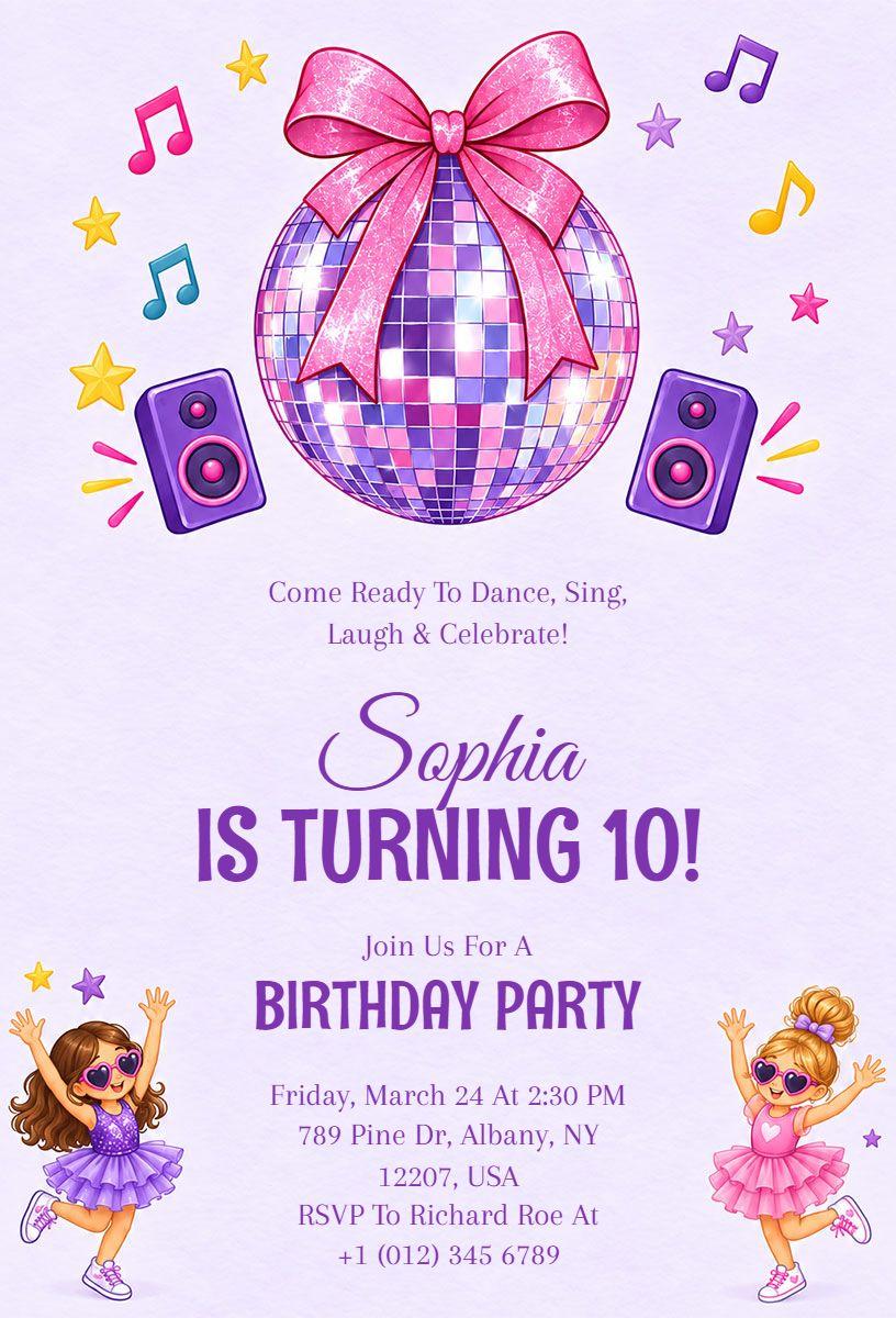 Colorful Disco Themed 10th Birthday Party Invitation Template