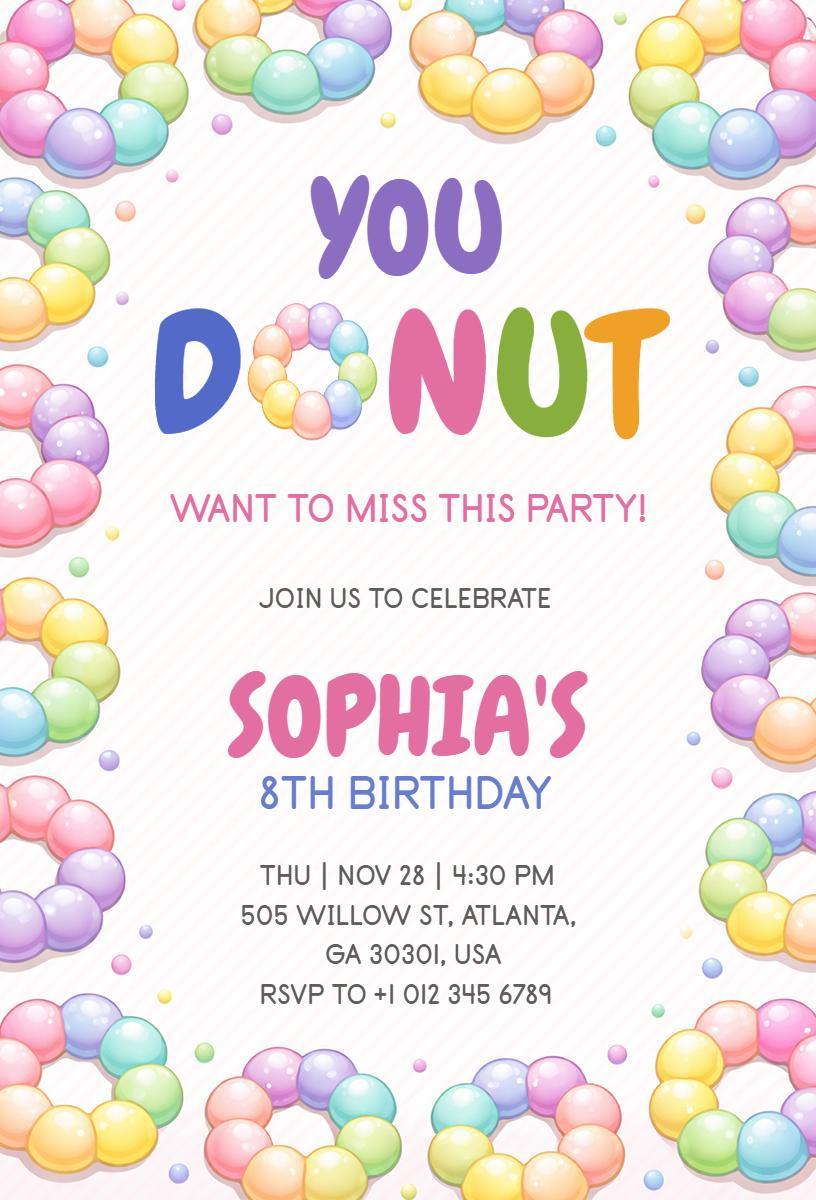 Colorful Donut Theme 8th Birthday Celebration Invitation Template