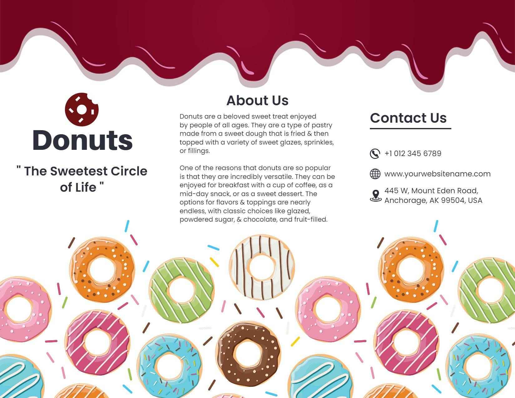 Colorful Donut Variety Menu and Bakery Information Brochure Template
