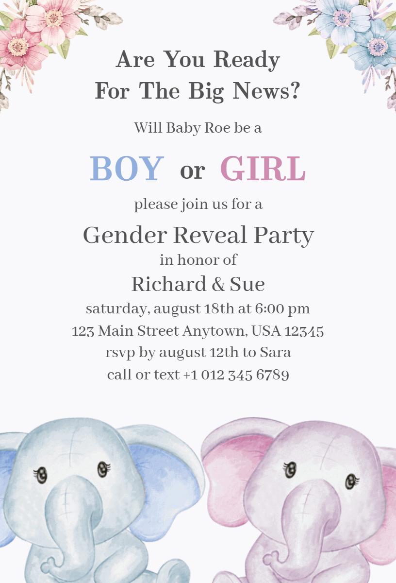 Colorful Elephant Theme Gender Reveal Celebration Invitation Template