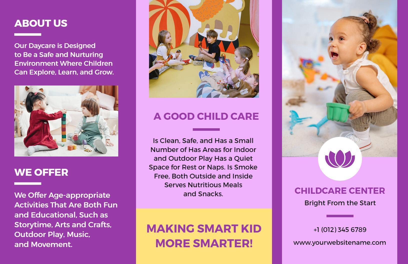 Colorful Engaging Daycare Activities and Care Services Brochure Template