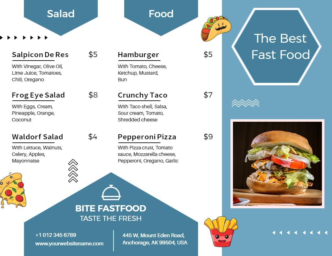 Colorful Fast Food Menu with Burgers and Tacos Brochure Template