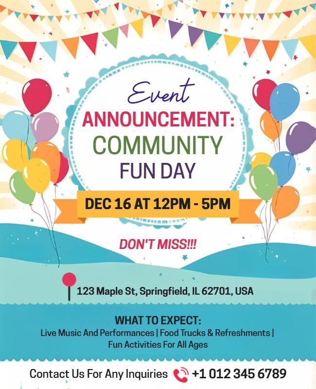 Colorful Festive Community Fun Day Event Announcement Poster Template