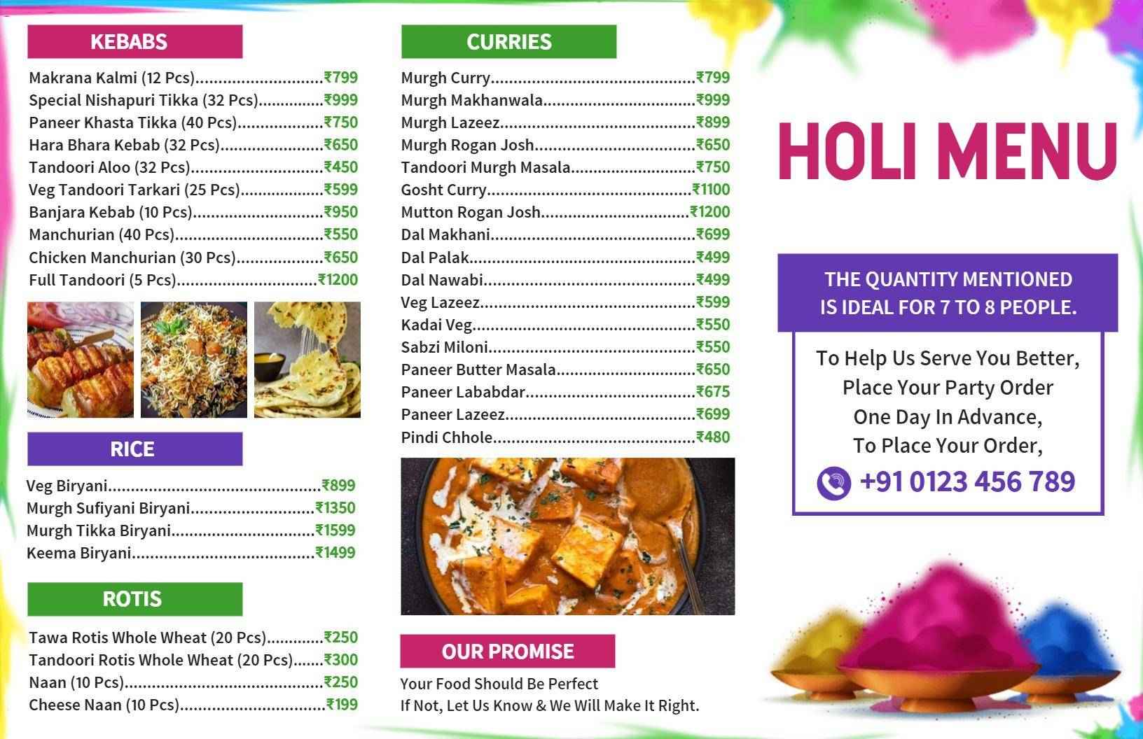 Colorful Festive Holi Party Menu Template