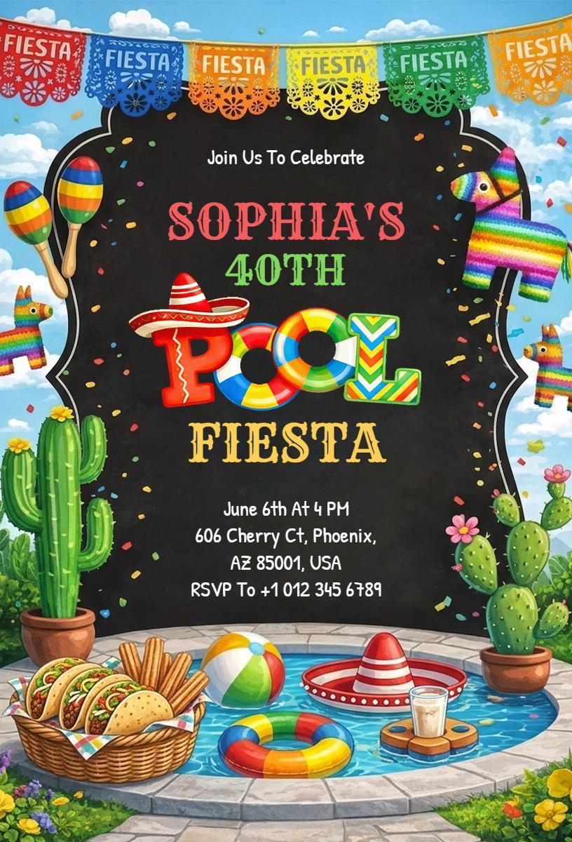 Colorful Fiesta Pool Party Celebration Invitation Template