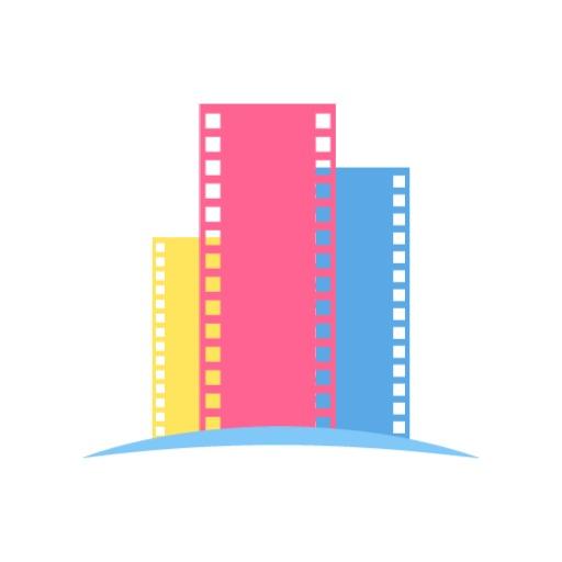 Colorful Film Strip Towers Representing Entertainment Industry Logo Template