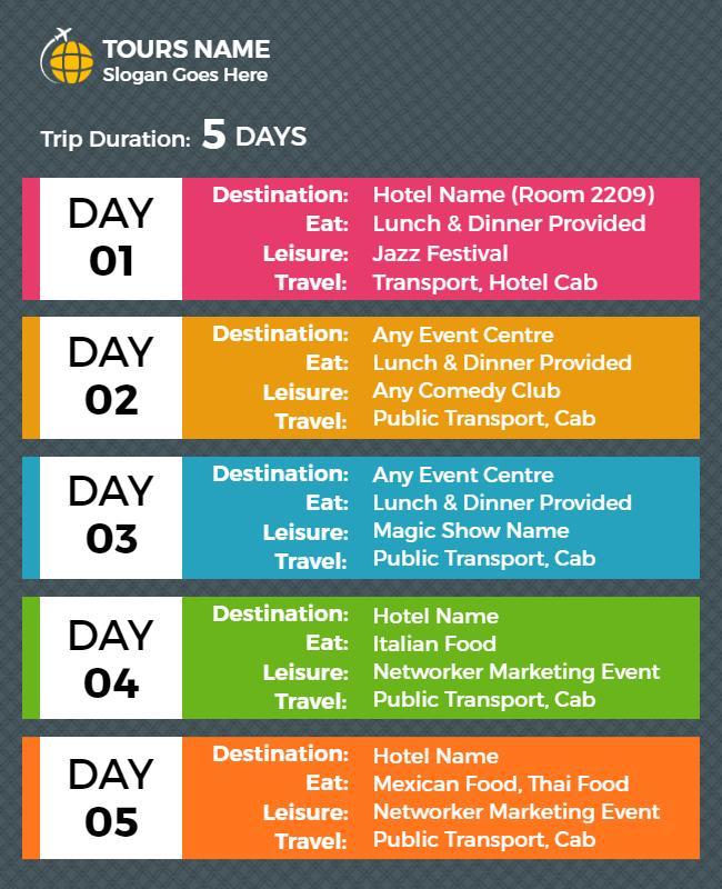 Colorful Five Day Itinerary Travel Flyer Template