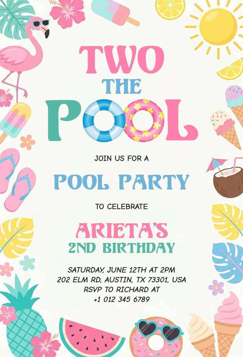 Colorful Flamingo Fun Pool Party Celebration Invitation Template