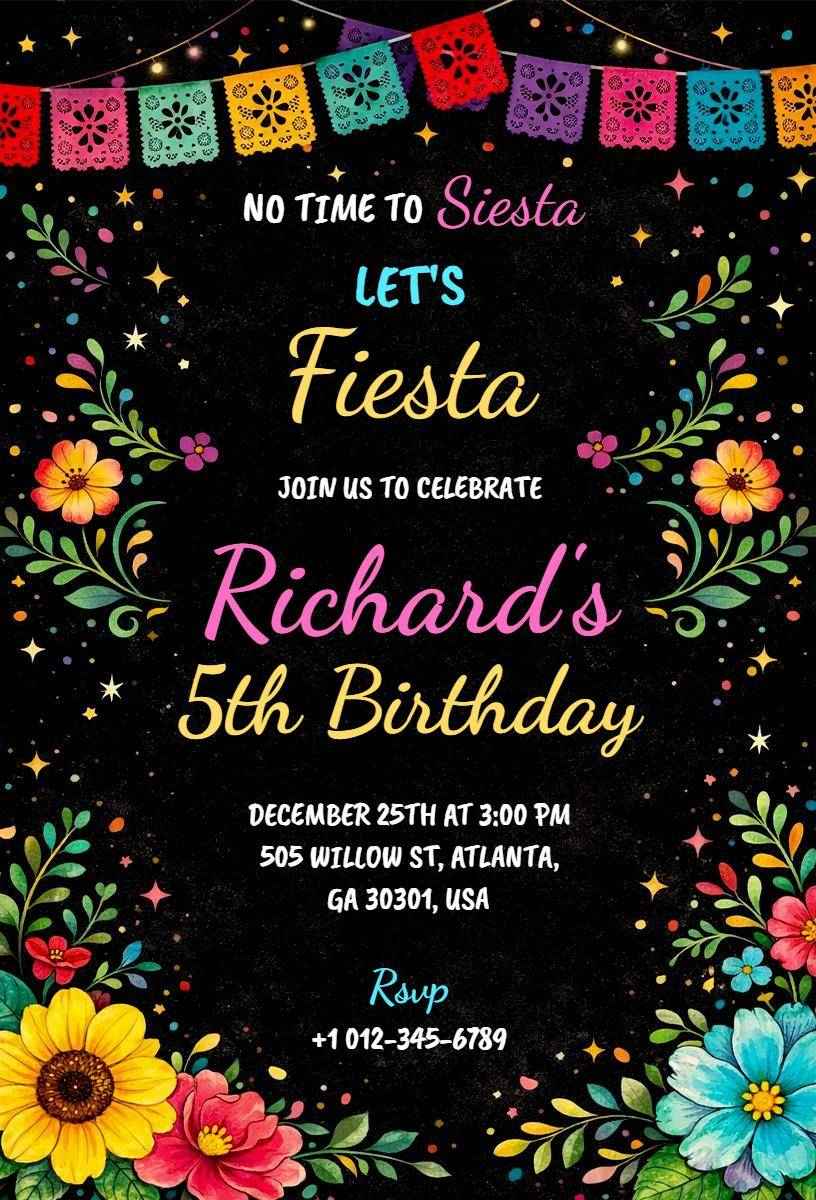Colorful Floral Mexican Fiesta Birthday Celebration Invitation Template