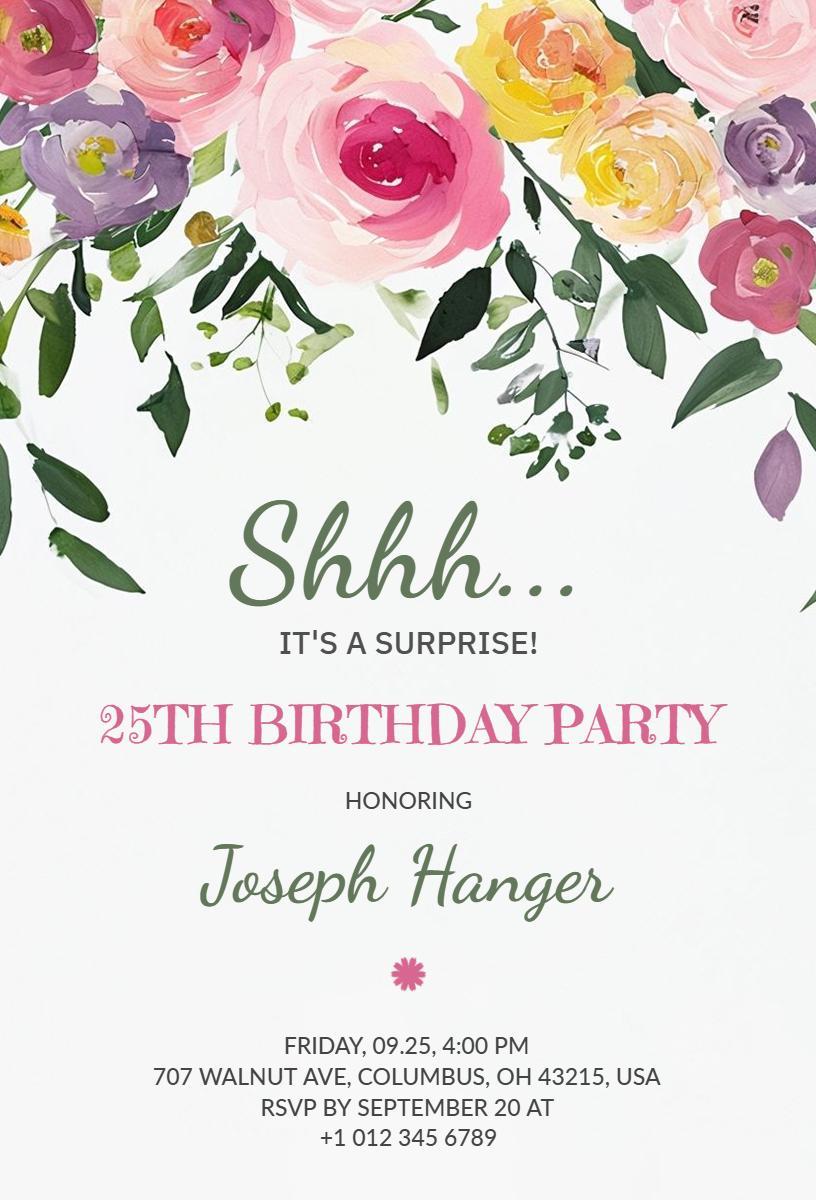 Colorful Floral Surprise 25th Birthday Party Invitation Template
