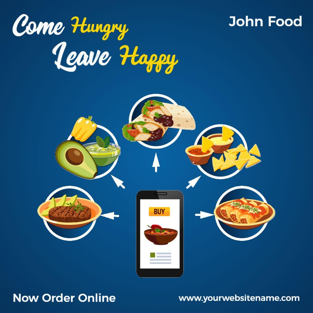 Colorful Food Order Online with App Icons and Dishes Ad Template