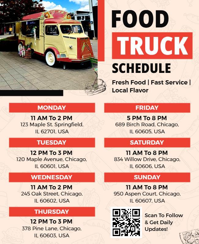 Colorful Food Truck Schedule with Local Flavor Flyer Template