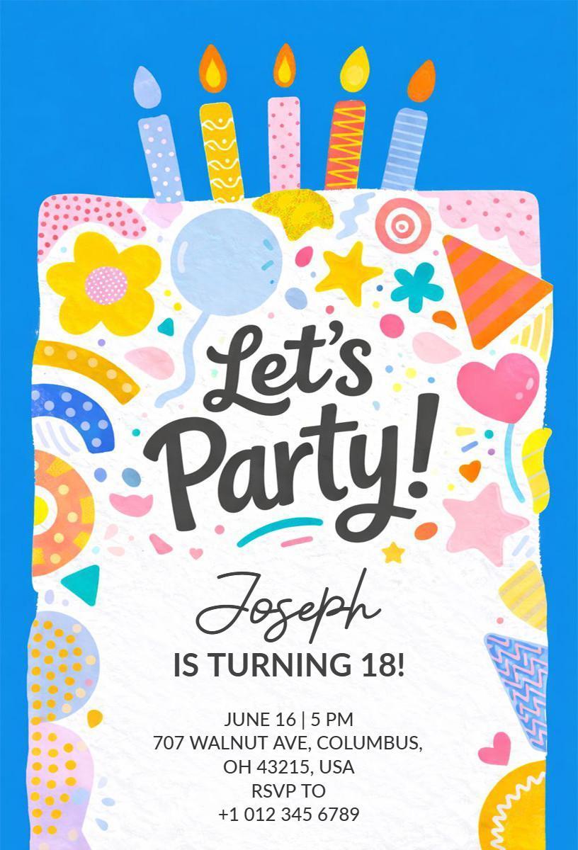 Colorful Fun 18th Birthday Celebration Party Invitation Template