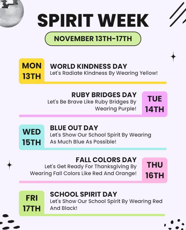 Colorful Fun School Spirit Week Celebration Poster Template