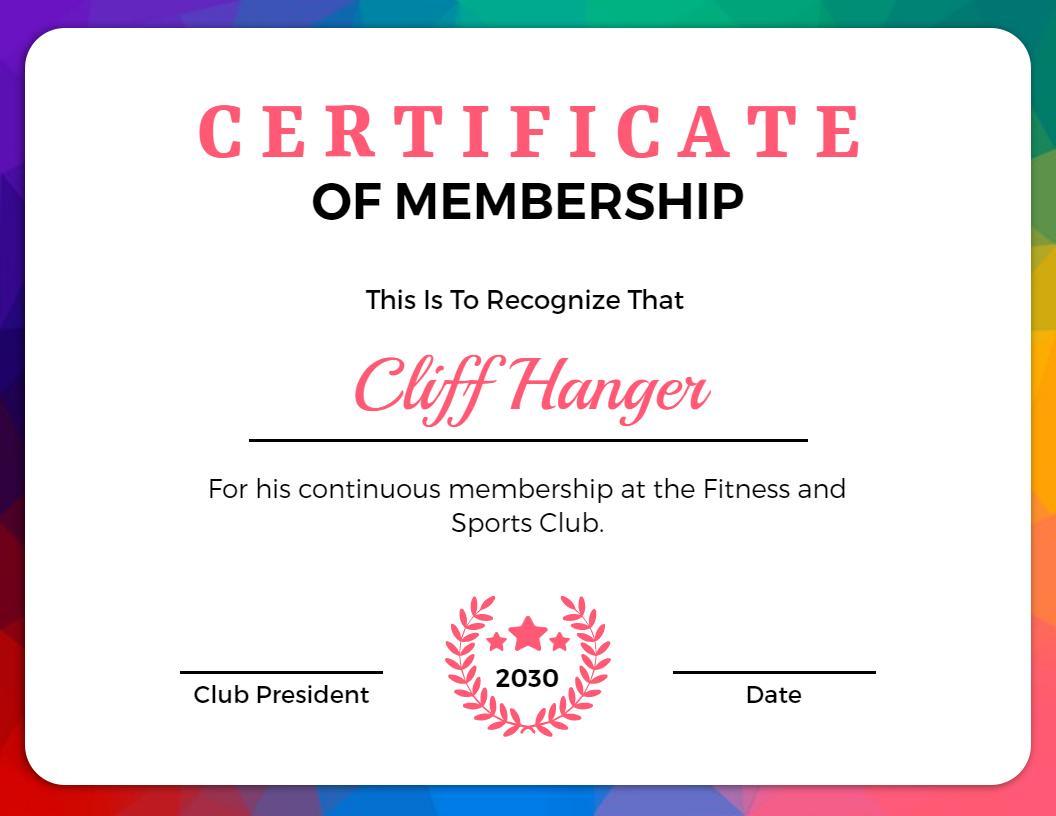 Colorful Gradient Fitness Club Membership Certificate Template