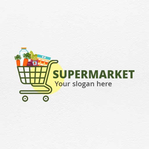 Colorful Grocery Cart Filled with Fresh Produce Supermarket Logo Template