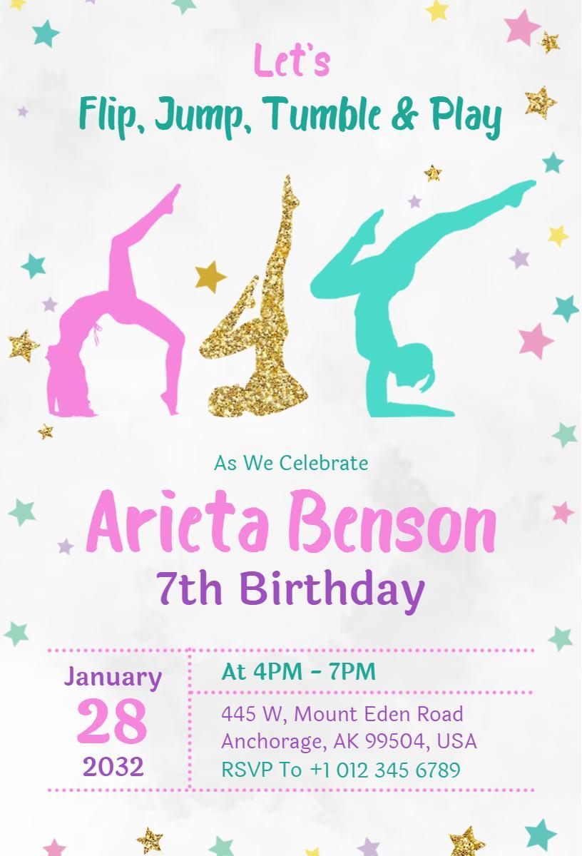 Colorful Gymnastics Theme 7th Birthday Celebration Invitation Template