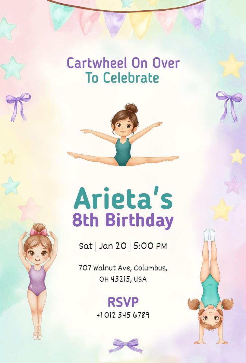 Colorful Gymnastics Themed 8th Birthday Celebration Invitation Template