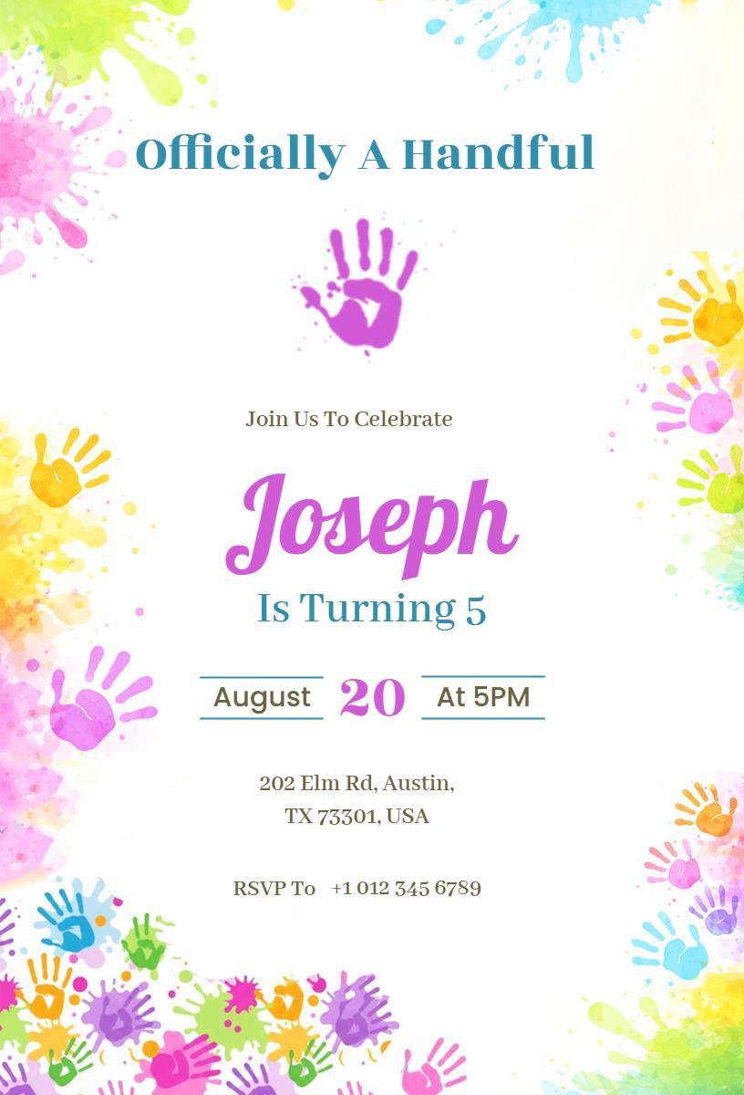 Colorful Handprint Five-Year-Old Birthday Celebration Invitation Template