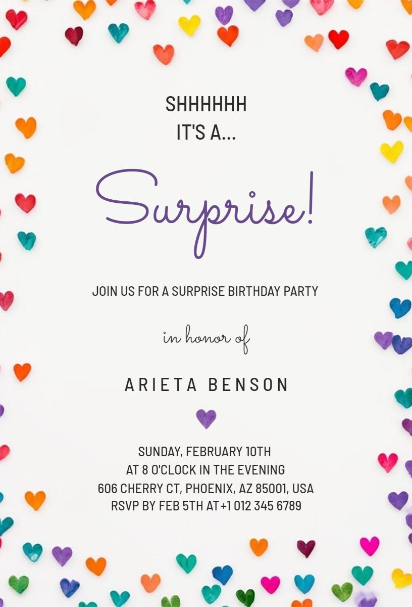 Colorful Hearts Surprise Birthday Party Celebration Invitation Template