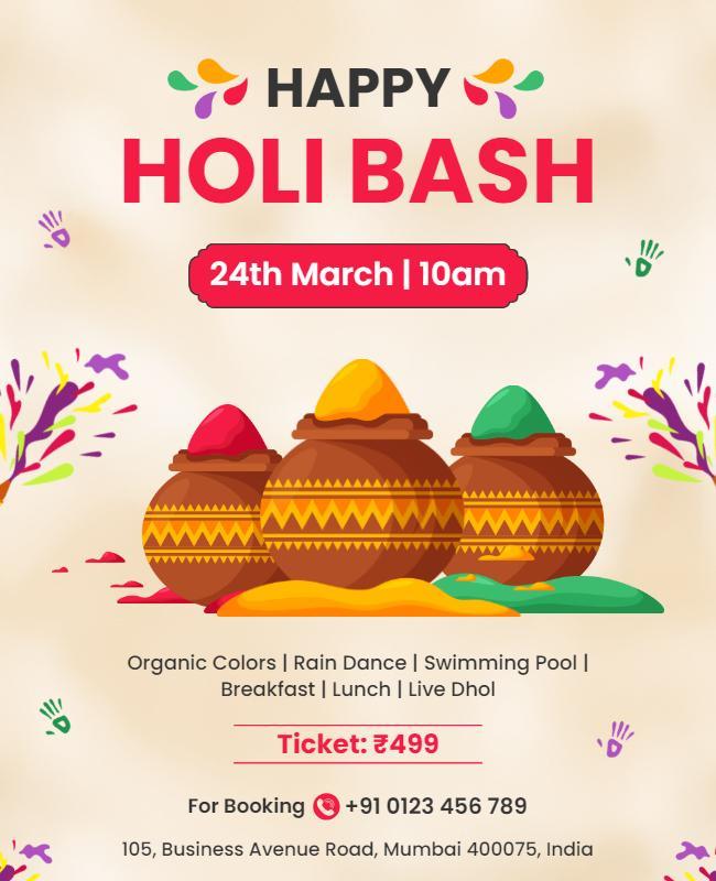 Vibrant Colorful Holi Celebration Bash Flyer Template