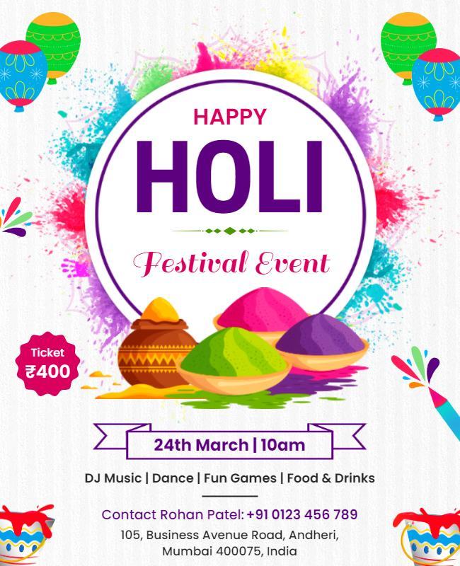 Vibrant Colorful Holi Celebration Festival Event Flyer Template