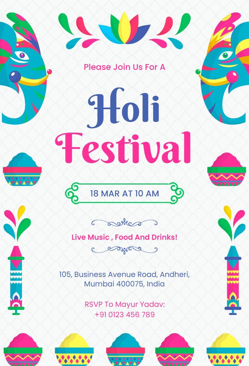 Colorful Holi Festival Celebration Invitation Template